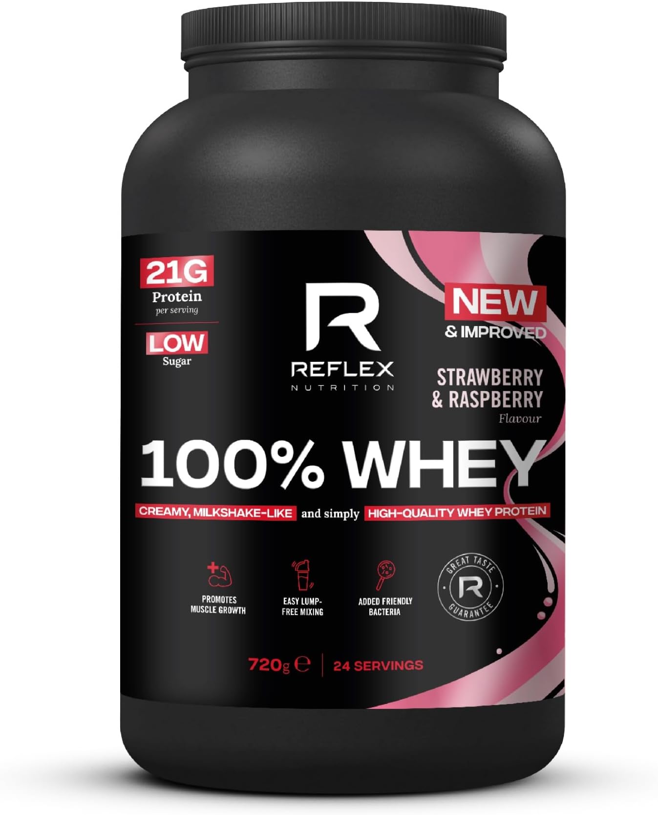 Reflex Nutrition 100% Whey Protein - 80% Pure Whey Protein - EAA Amino Acids - No Added Sugar - Whey Protein Powder for Pre Workout & Post Workout Recovery (Strawberry & Raspberry, 720g, 24 Servings)