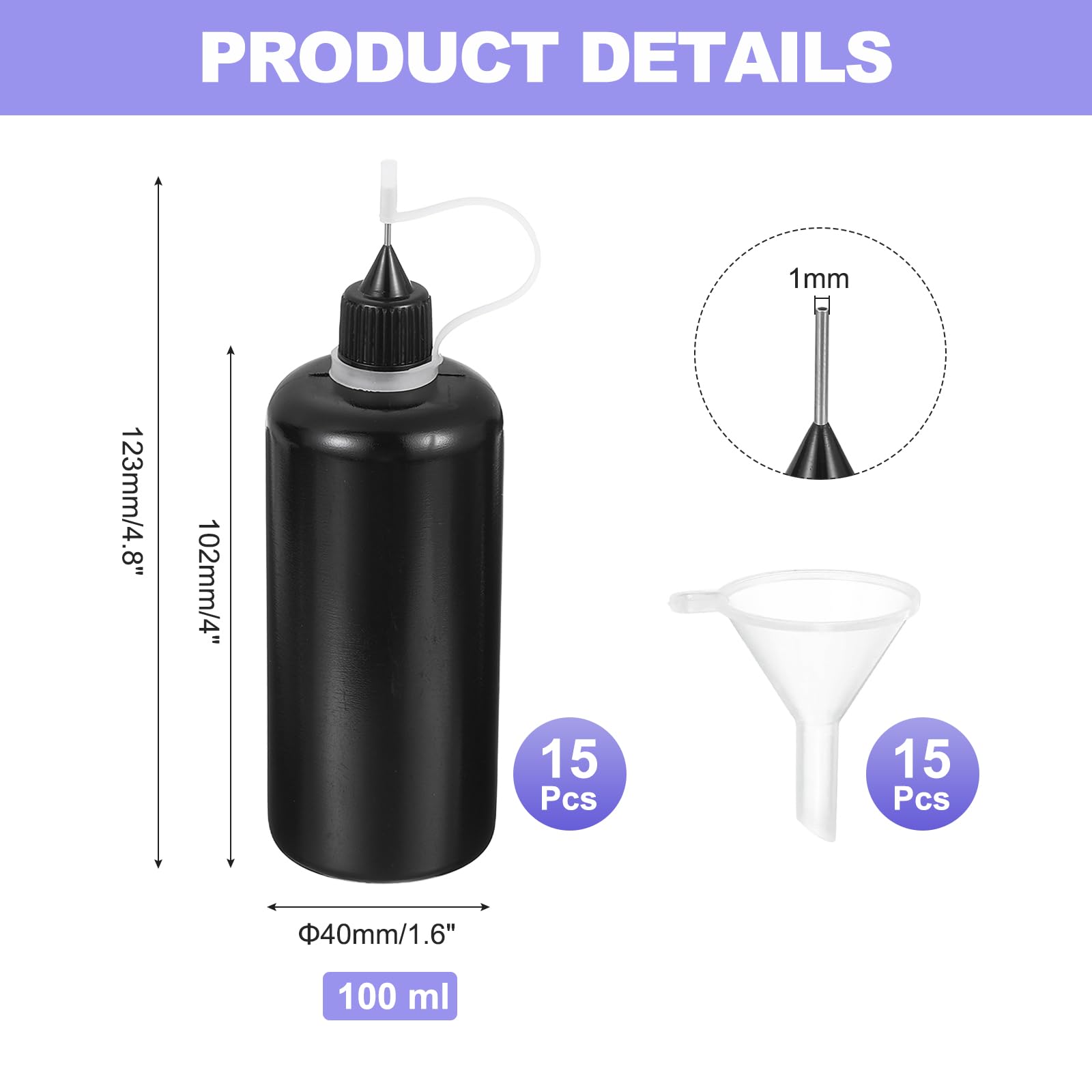 MECCANIXITY 15 flaconi da spremere con punta ad ago, 100 ml, in plastica, per colla liquida, lavori con carta, pittura, olio, inchiostro (nero, con 15 imbuti)