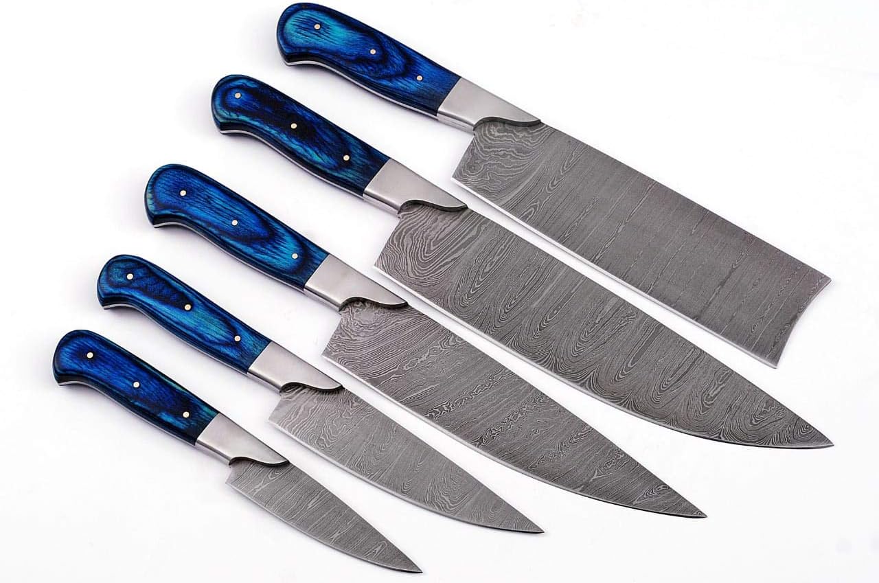 Damascus Steel Chef Knife Set Custom Made Damascus Knife Set of 5 Pieces With Leather Storage Bag G-1090 Blue