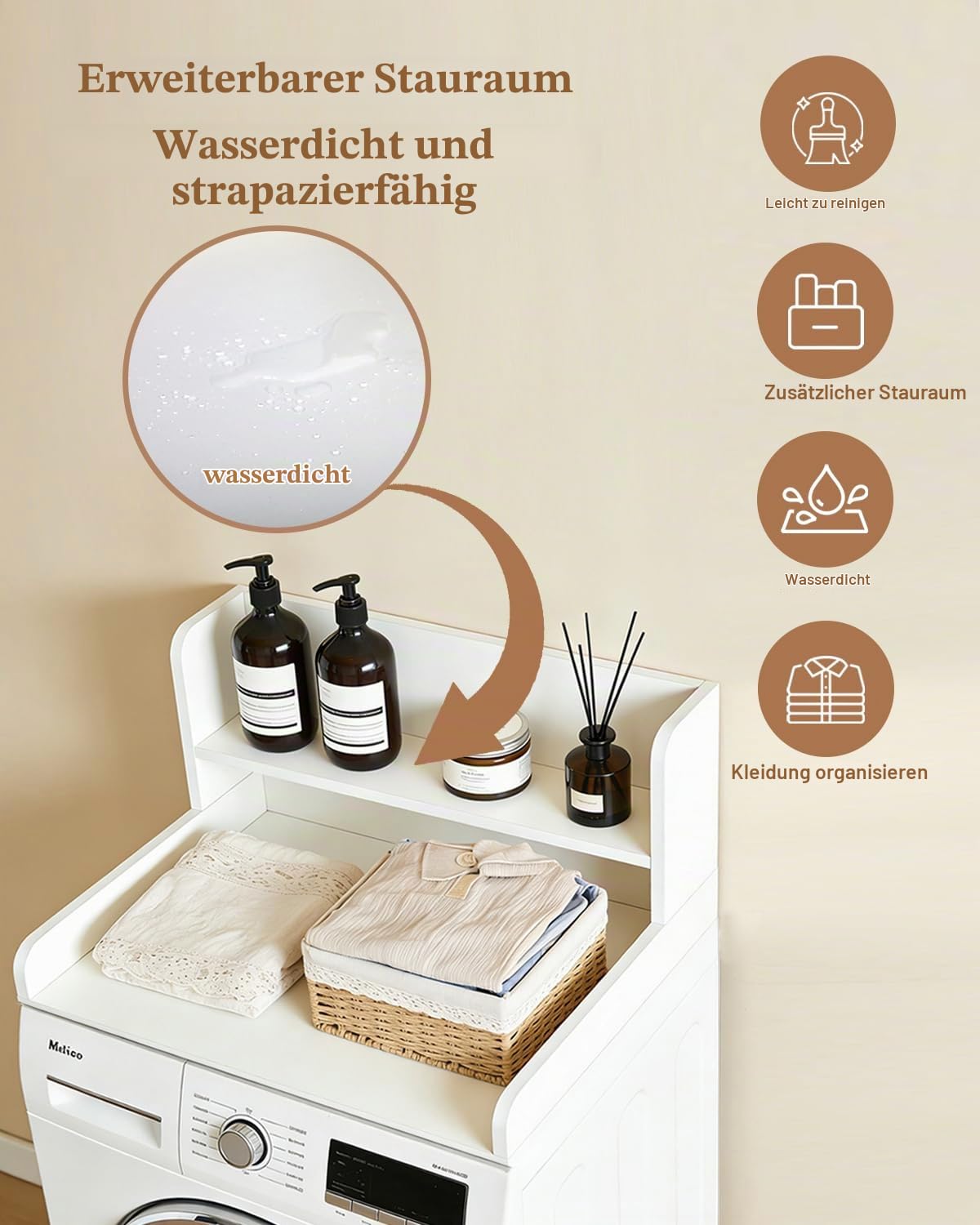 Arbeitsplatte Waschmaschine Trockner mit 2 Stufigem Regal, Waschmaschinen Auflage Holz, Abdeckung Waschmaschine Holz, Lagerung, für Einzelwaschmaschine und Trockner, 60x60x30cm