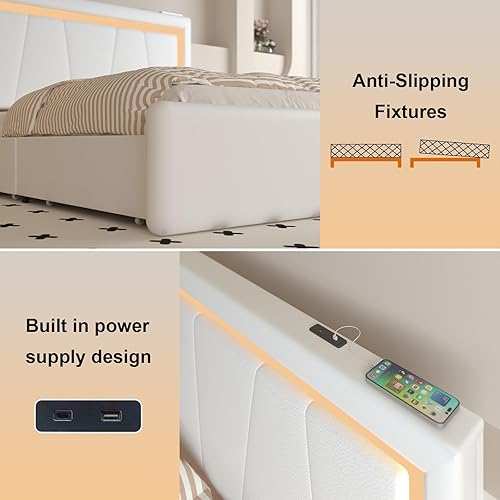 Miniatura 5 de Marco de Cama Queen con 4 Cajones de Almacenamiento y Cabecera Ajustable, Cama de Plataforma Tapizada con LED con Puertos Tipo C y USB, Soporte de