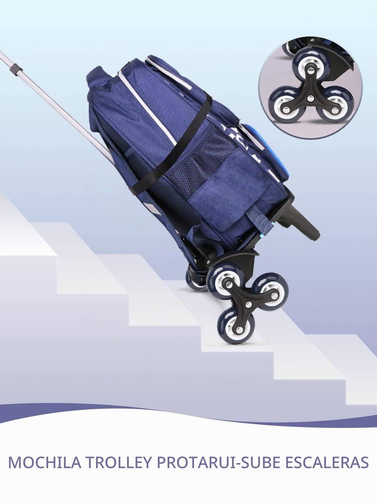 PROTAURI Carro Plegable para Mochilas Escolares - Carro de Mano con Ruedas para niños, Mochila Escolar, Equipaje de Viaje con Hebillas (6 Ruedas Azules)