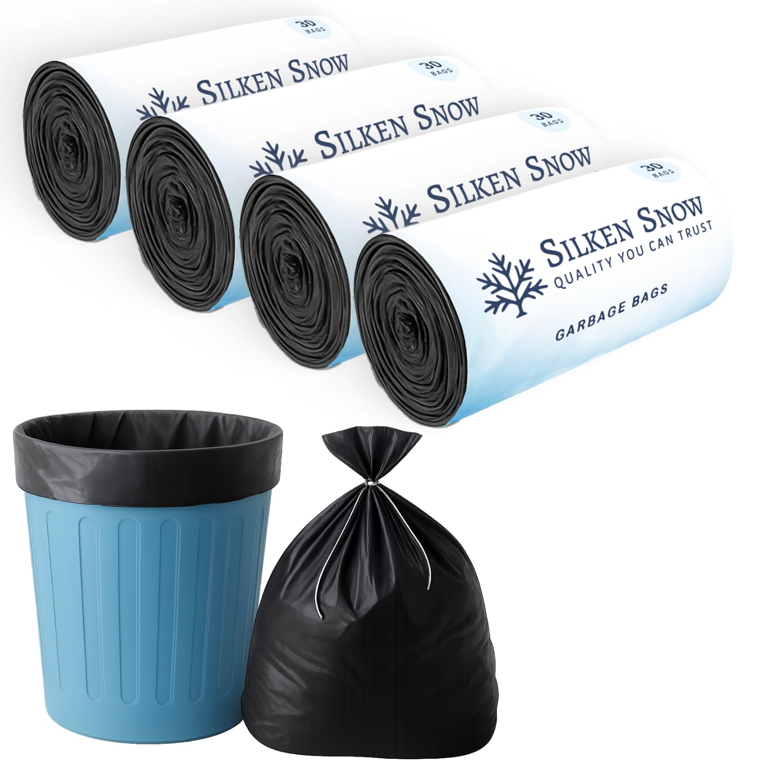 Silken Snow Garbage Bags Medium Size, 19x21 Inches, Biodegradable Dustbin Bags Medium, Polythene Trash Bag For Home, Office, Kitchen, Restaurants, Plastic Dust Bin Cover, 30 Bags Per Roll (Pack of 4)-image-34