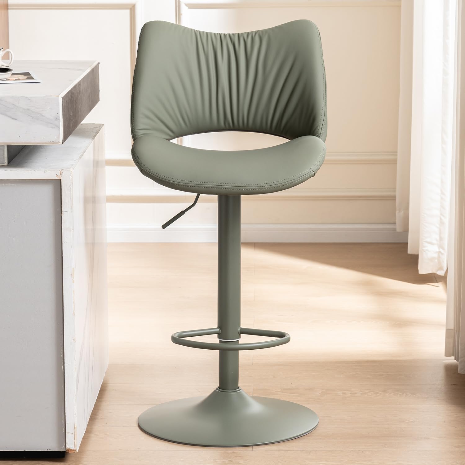 YOUNUOKE Kitchen Bar Stools, Adjustable Swivel Counter Height Barstool with Open Back, PU Leather Modern Breakfast Kitchen Stools, 136KG Support, 1 Pcs，Bean Green
