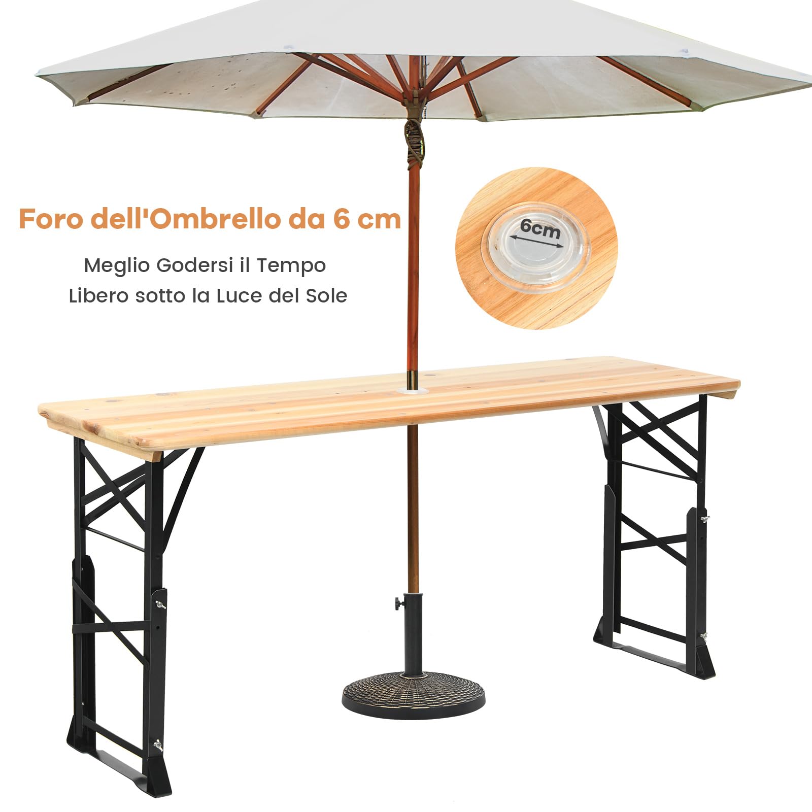 COSTWAY Tavolo da Picnic Pieghevole, Tavolo da Campeggio in Legno, con Altezza Regolabile, con Foro per Ombrellone, 168,5 x 50 x 75/105 cm, Portata 50 kg