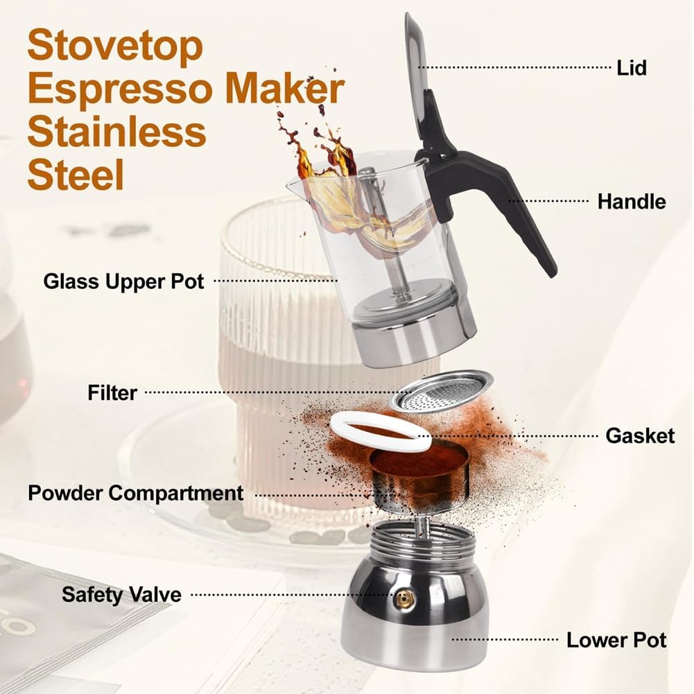 Thickened Stainless Steel 9 Cup Moka Pot Glass Clear Stovetop Espresso Maker Italian Coffee Machine 450ml 15oz