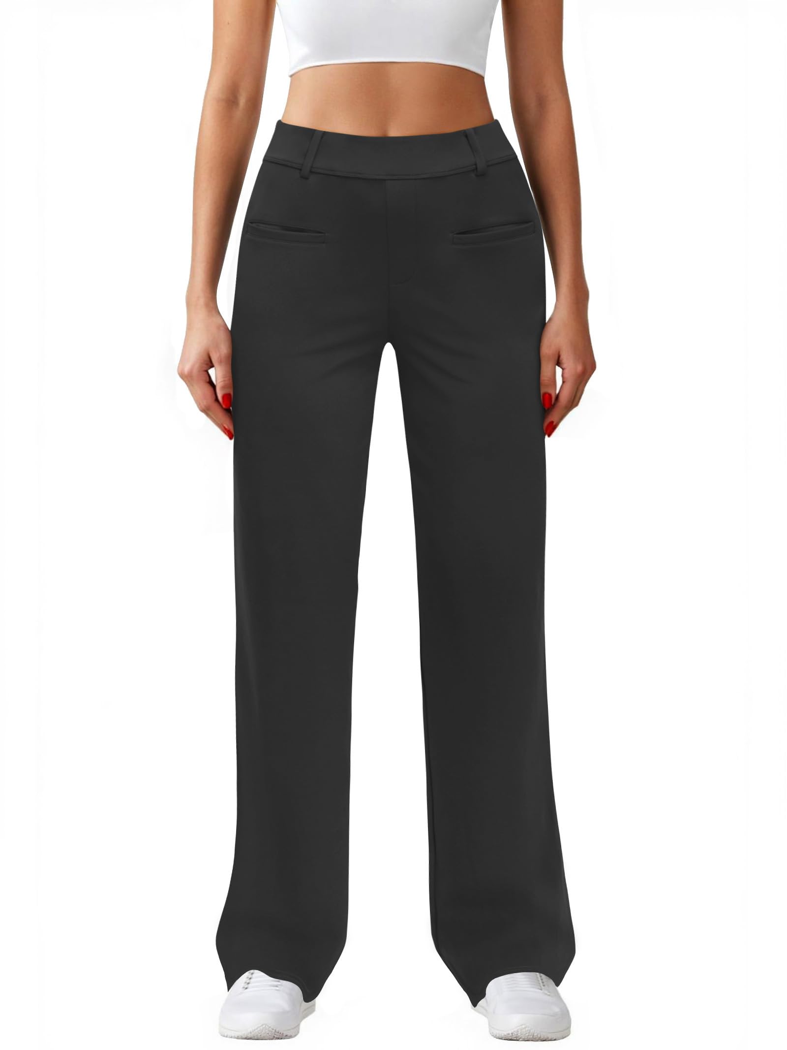 Womens Casual High Waist Straight Leg Pants Stretchy Button Business Dress Work Pocket Trousers