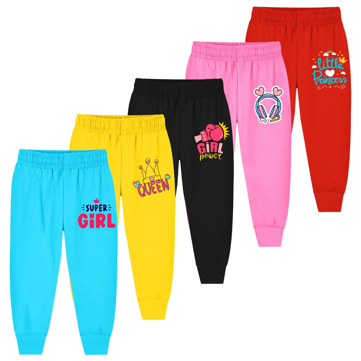 Trampoline Kids Cotton Blend Pyjamas Pack of 5 | Bright Colors & Fun Prints | Ribbed Ankle Everyday Bottoms for Boys & Girls | Soft & Breathable Fabric