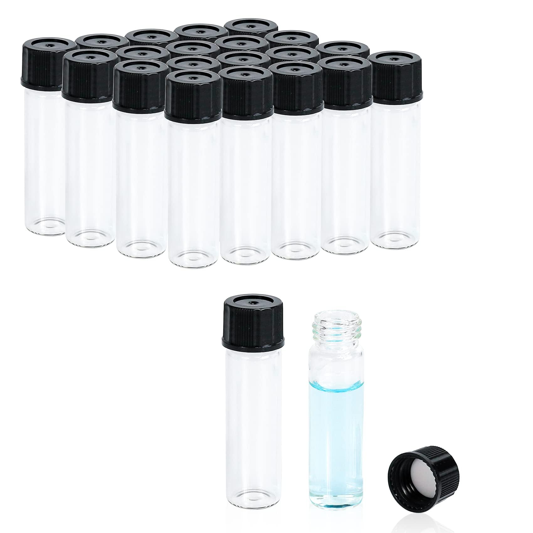 ALWSCI 2 Dram Glass Vials, Small Liquid Sample Vial, 8 ml Borosilicate Glass Empty Vials with Caps, 15-425 Black Screw Caps with PE Liner, Pack of 92