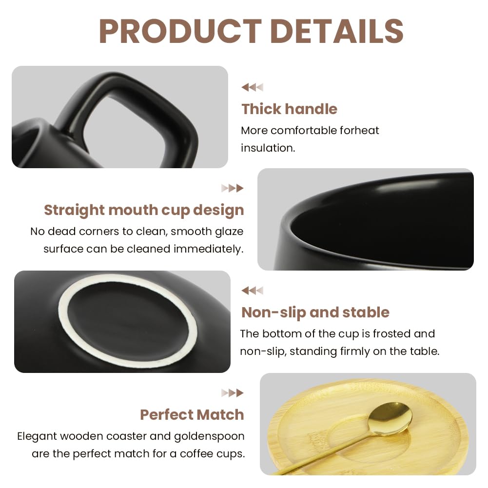 Cappuccino Tassen mit Unterteller,2 Stück Espressotassen,320ml Kaffeetassen aus Steingut,Dickwandige Kaffeebecher,Cappuccinotassen Set für Tee,Espresso,Cappuccino und Latte (Schwarz)