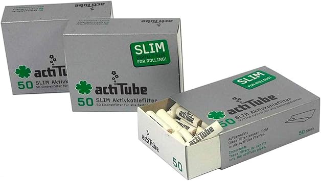 150 actiTube Slim Activated Charcoal Filters 3 boxes of 50 Display 7mm roll-up filters in actiTube tune activated charcoal filter tips.