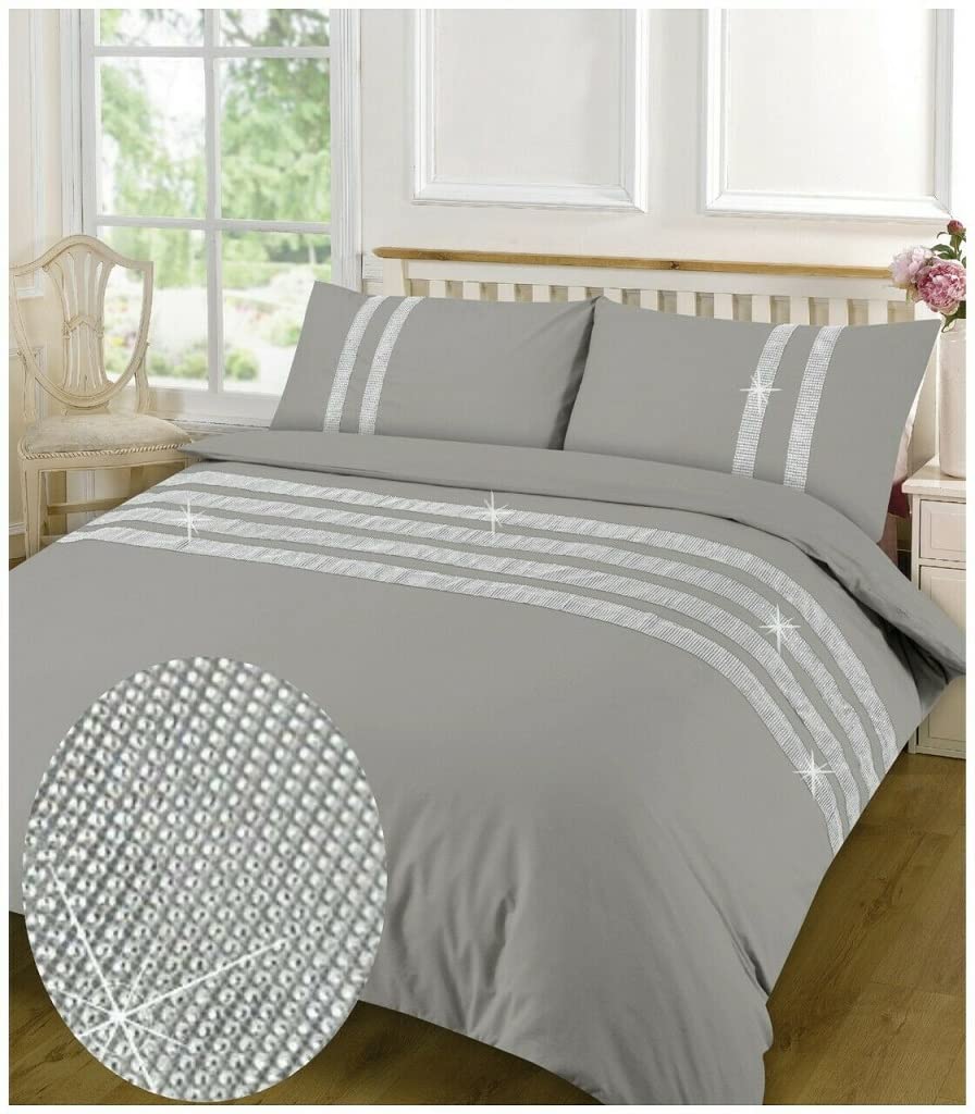 Goldstar Grey Dia Diamante Lace Egyptian Cotton Duvet Cover Bedding Set, Double,