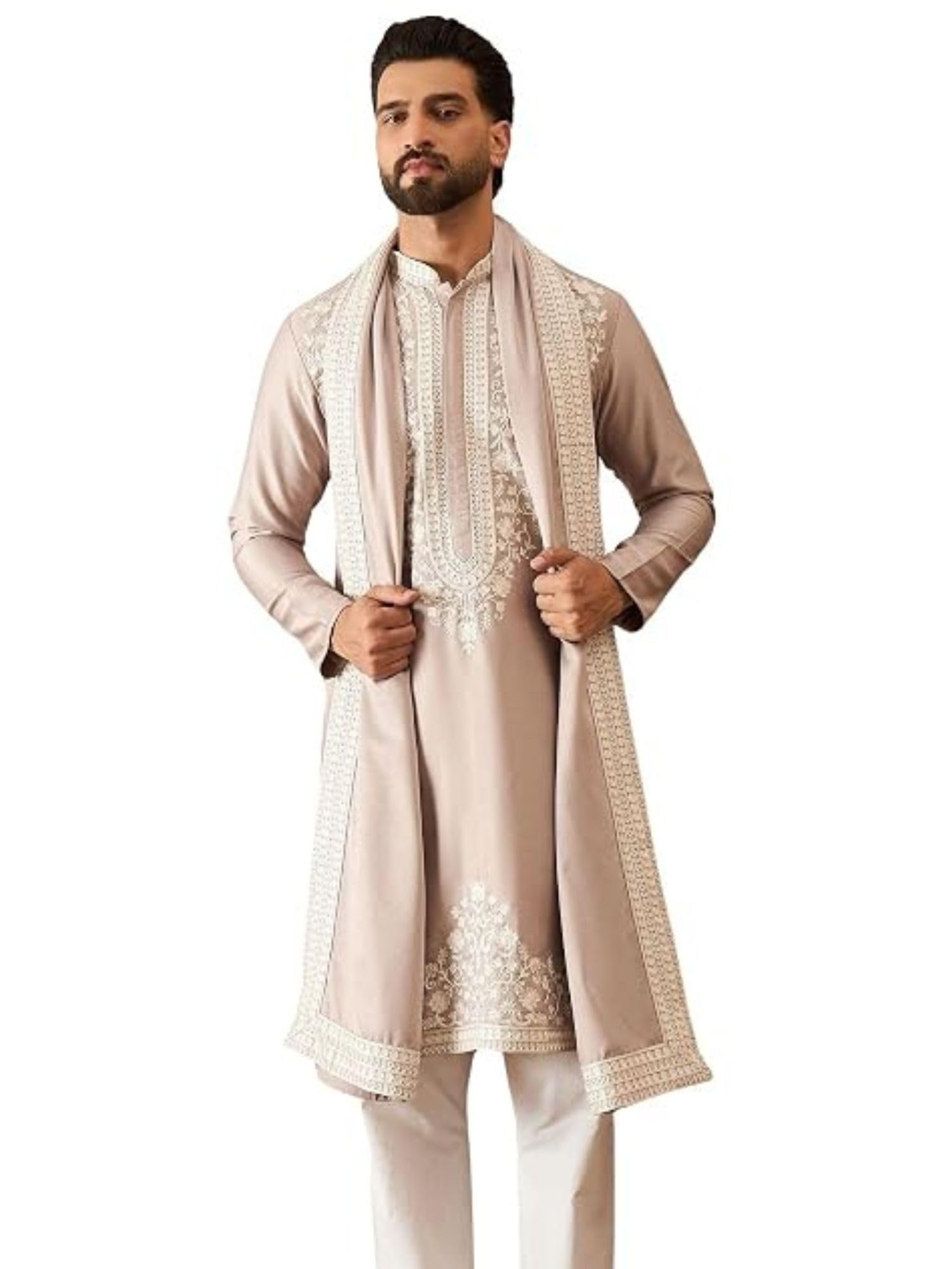 Men'S Beige Silk Blend Embroidered Design Calf Length Kurta Set | Men'S | Solid Design Kurta Set For Men | Straight Fit Kurta For Men-picture-56