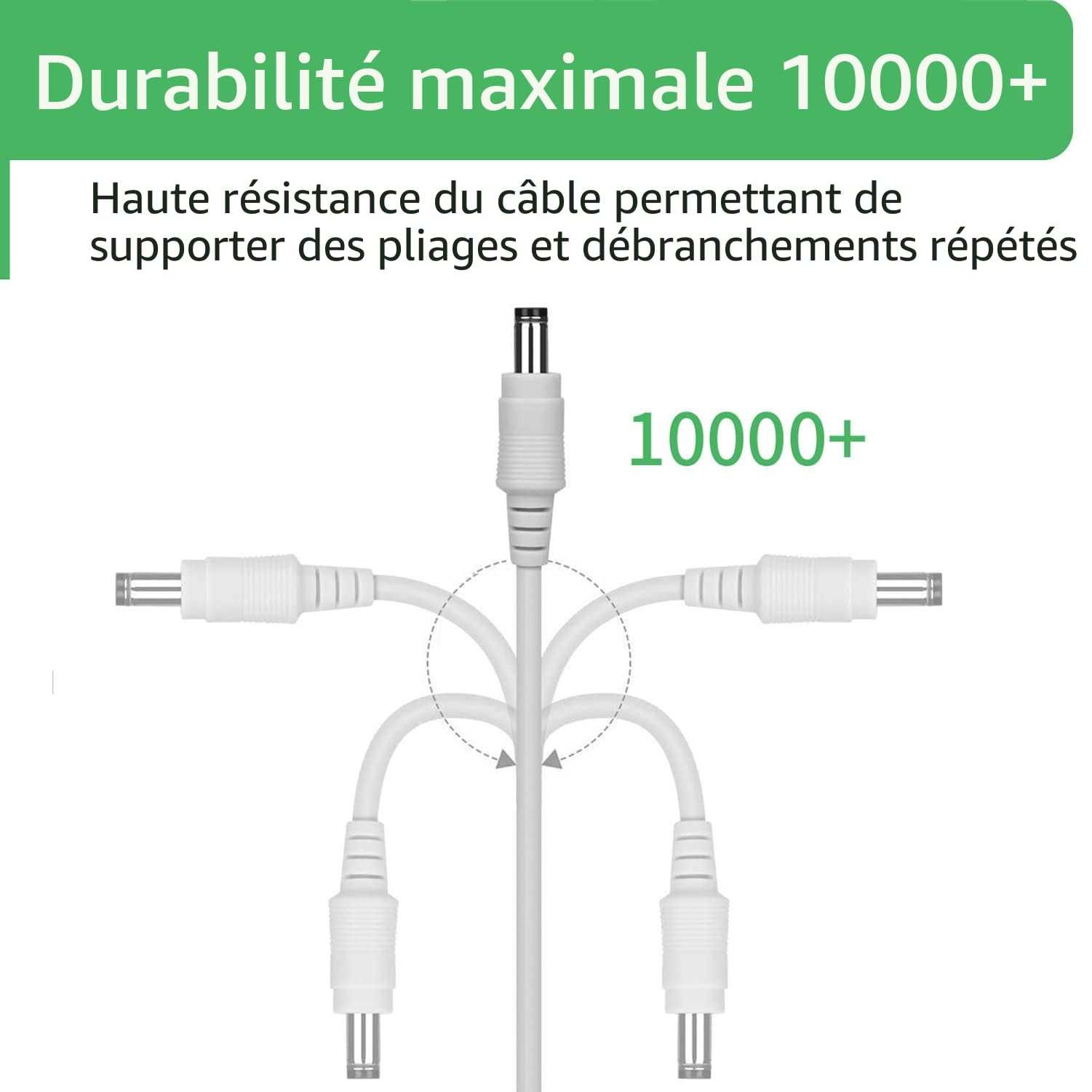 Câble d'extension de 3 m, prise 5,5 mm x 2,1 mm, DC 5 V 6 V 9 V 12 V 24 V pour caméra de vidéosurveillance, illuminateur infrarouge, imprimante, bande LED, blanc