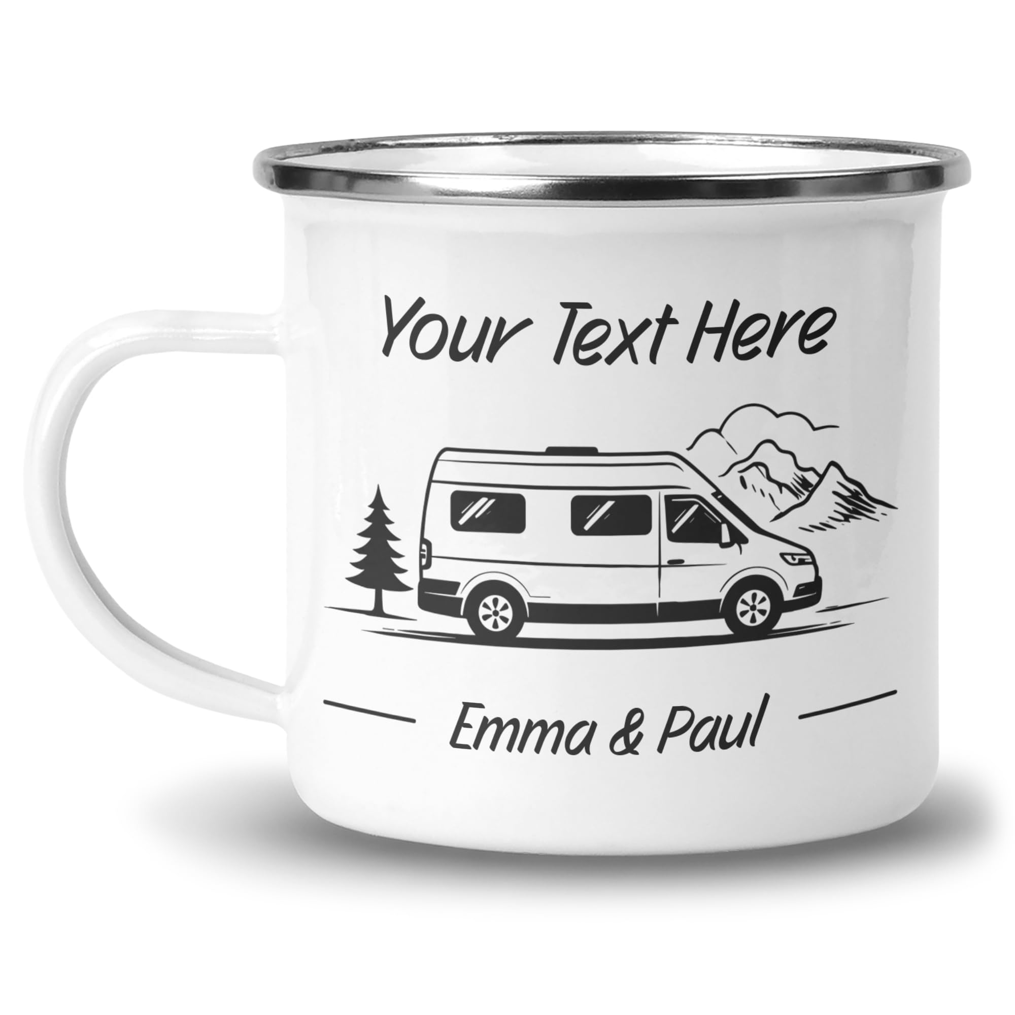 Chicken Craft Personalised Campervan Enamel Mug with Name - Panel Van Custom Grey Design - Camping Gift