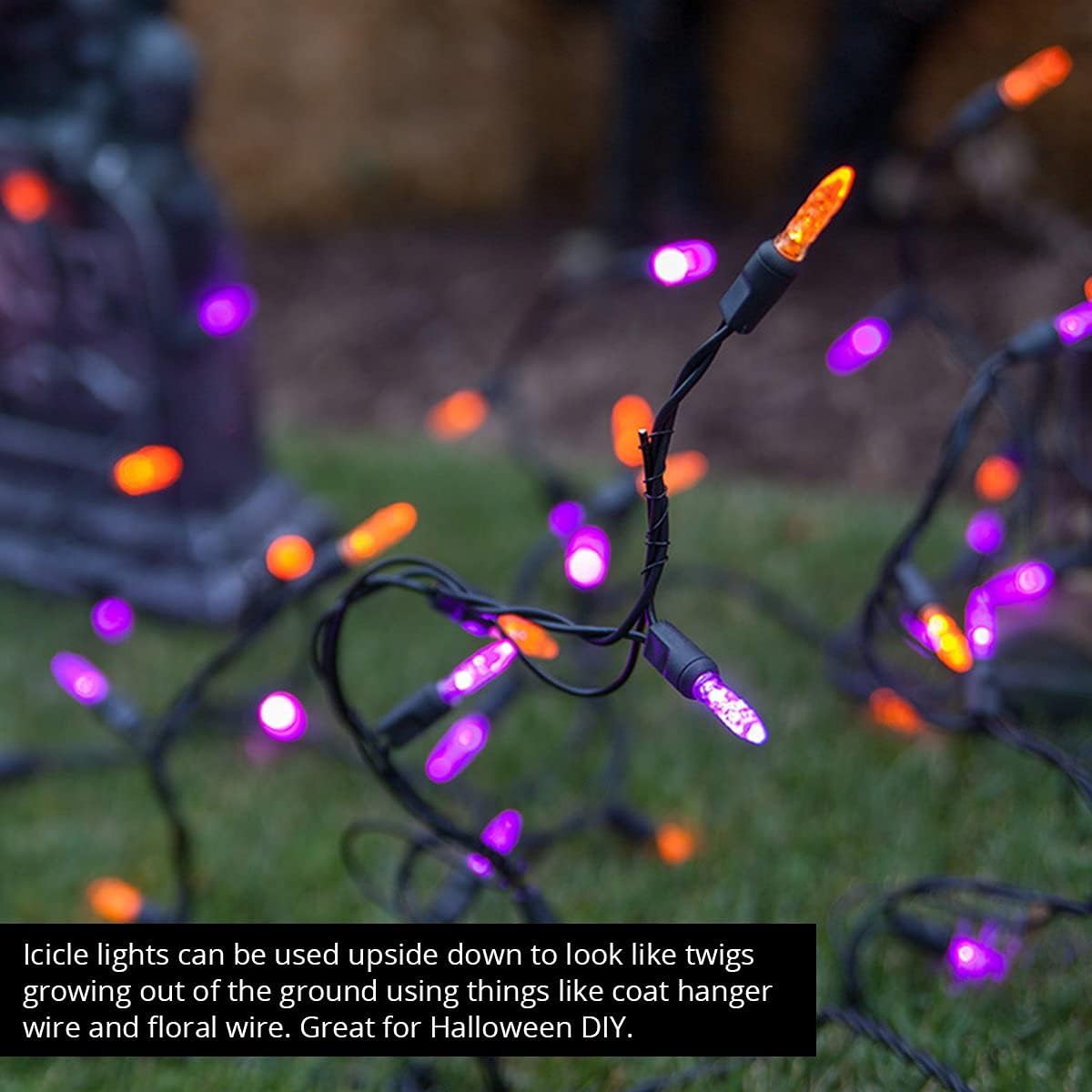 Wintergreen Lighting 70 Purple and Orange Mini LED Halloween Icicle Lights, 7 ft Black Wire Indoor/Outdoor Commercial Grade Party, Yard Decor & Outdoor Decorations