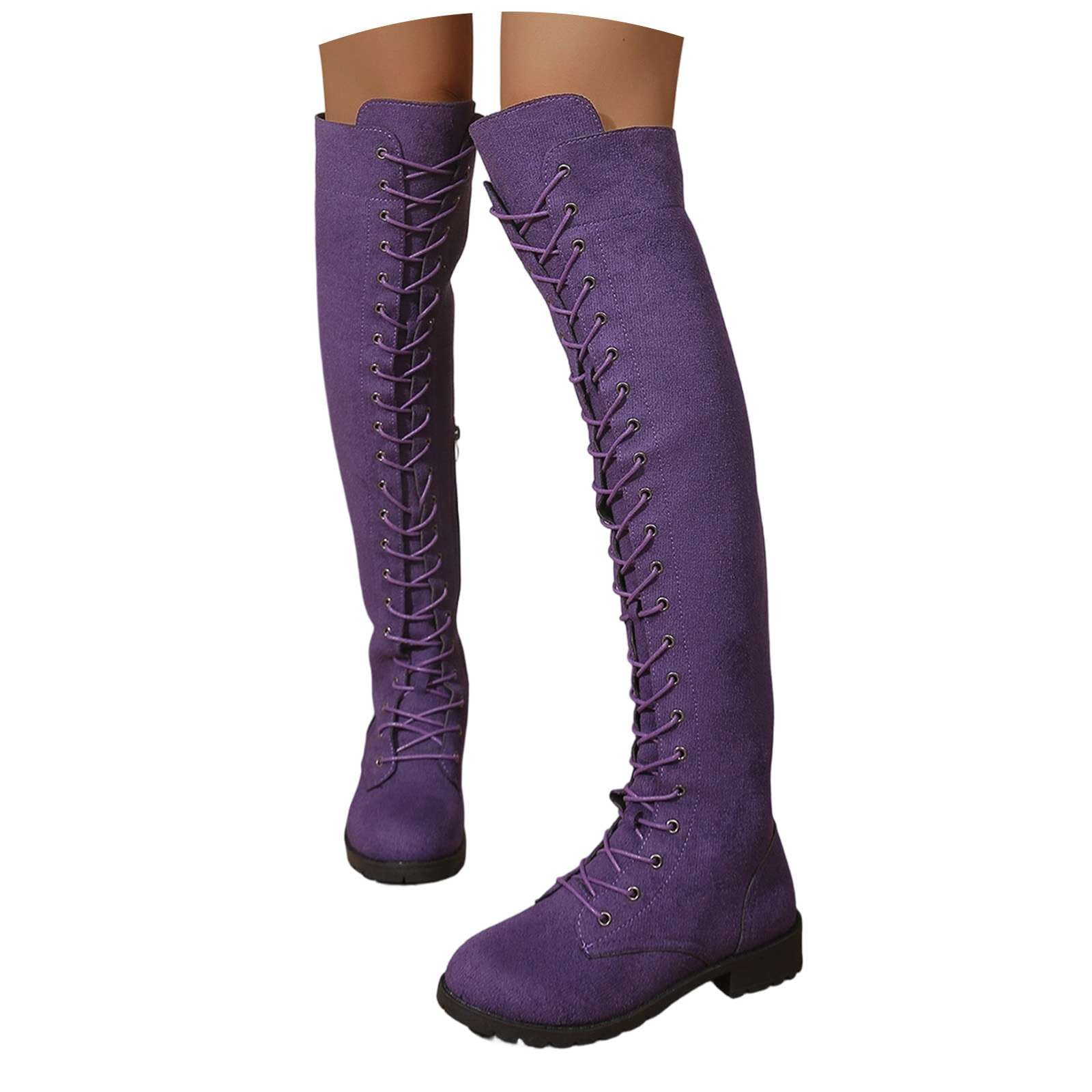 Overknee Stiefel Damen Schnürstiefel Weitschaftstiefel Herbst Flach | Langschaftstiefel Schaftweite Verstellbar Wildlederoptik Reißverschluss Blockabsatz Flach Runde Zehenpartie Vintage Gothic