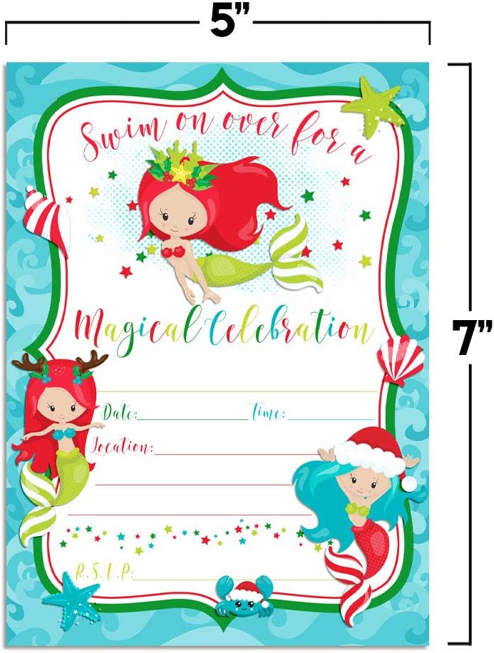 Christmas Mermaids with Light Complexions Birthday Party Invitations, 20 5"x7" Fill In Cards with Twenty White Envelopes by AmandaCreation