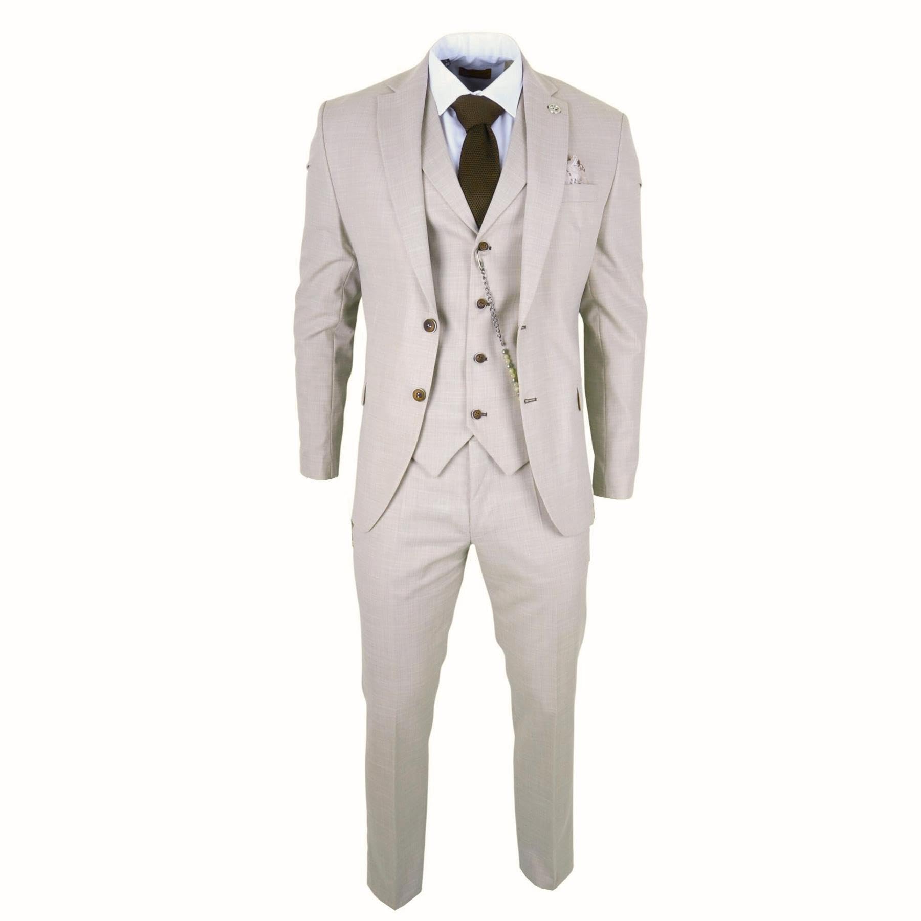 Men's Classic 3 Piece Cream Suit Pocket Chain Wedding Tailored Fit Vintage Formal - Cream 46