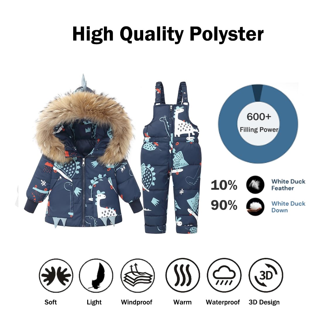 Tuta da Sci Stampata 2 Pezzi da Unisex Bambino Piumino con Cappuccio Pellicia Removibili + Salopette da Neve Invernale Antovento Impermeabile