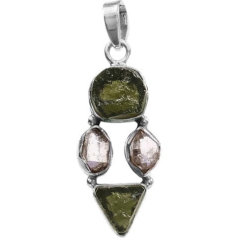 925 Sterling silver Natural Moldavite and Herkimer Gemstone Pendant for Women, Gems...