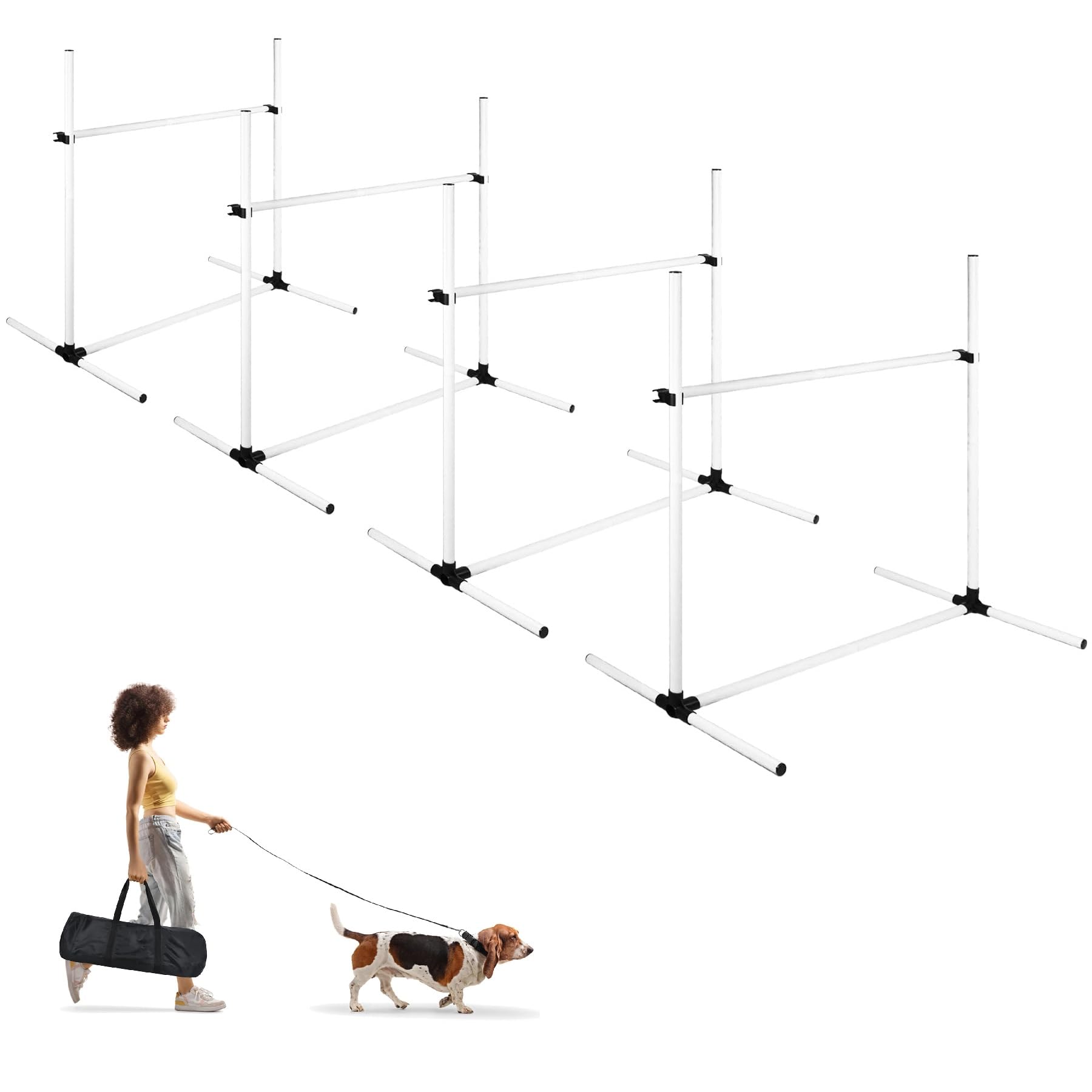 UISEBRT Hunde Agility Set, 4er Slalom Stangen Hürdenset für Haustiere, PVC Hundetrainings-Set mit Tragetasche, Höheinstellbar 104x70x101cm, Weiß