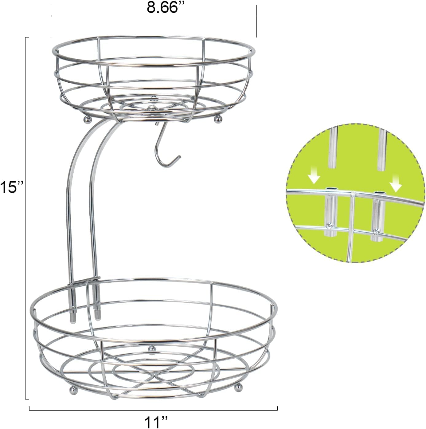 Bomclap Cesto per frutta con porta banana – 2 ripiani in metallo – cucina in piedi moderni ciotole per frutta – Cestino decorativo per frutta – argento