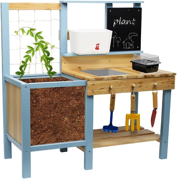 Kids Potting Bench for Outdoor, Fir Wood Gardening Station with Transparent Planter Box, Outside Activity Wooden Table with Sink,Faucet, Garden Accessories, Mud Kitchen for Kids 3+