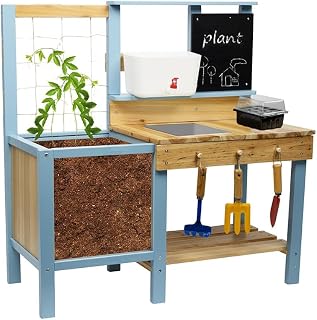 Kids Potting Bench for Outdoor, Fir Wood Gardening Station with Transpar...