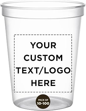 DISCOUNT PROMOS Custom Plastic Stadium Cups 16 oz. Set of 100, Personalized Bulk Pack - Perfect for Birthdays, Weddings, Picnic, Beach, Parties - Clear