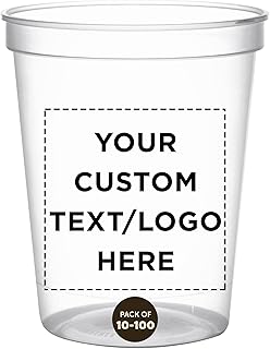 DISCOUNT PROMOS Custom Plastic Stadium Cups 16 oz. Set of 100, Personalized Bulk Pack - Perfect for Birthdays, Weddings, Picnic, Beach, Parties - Clear