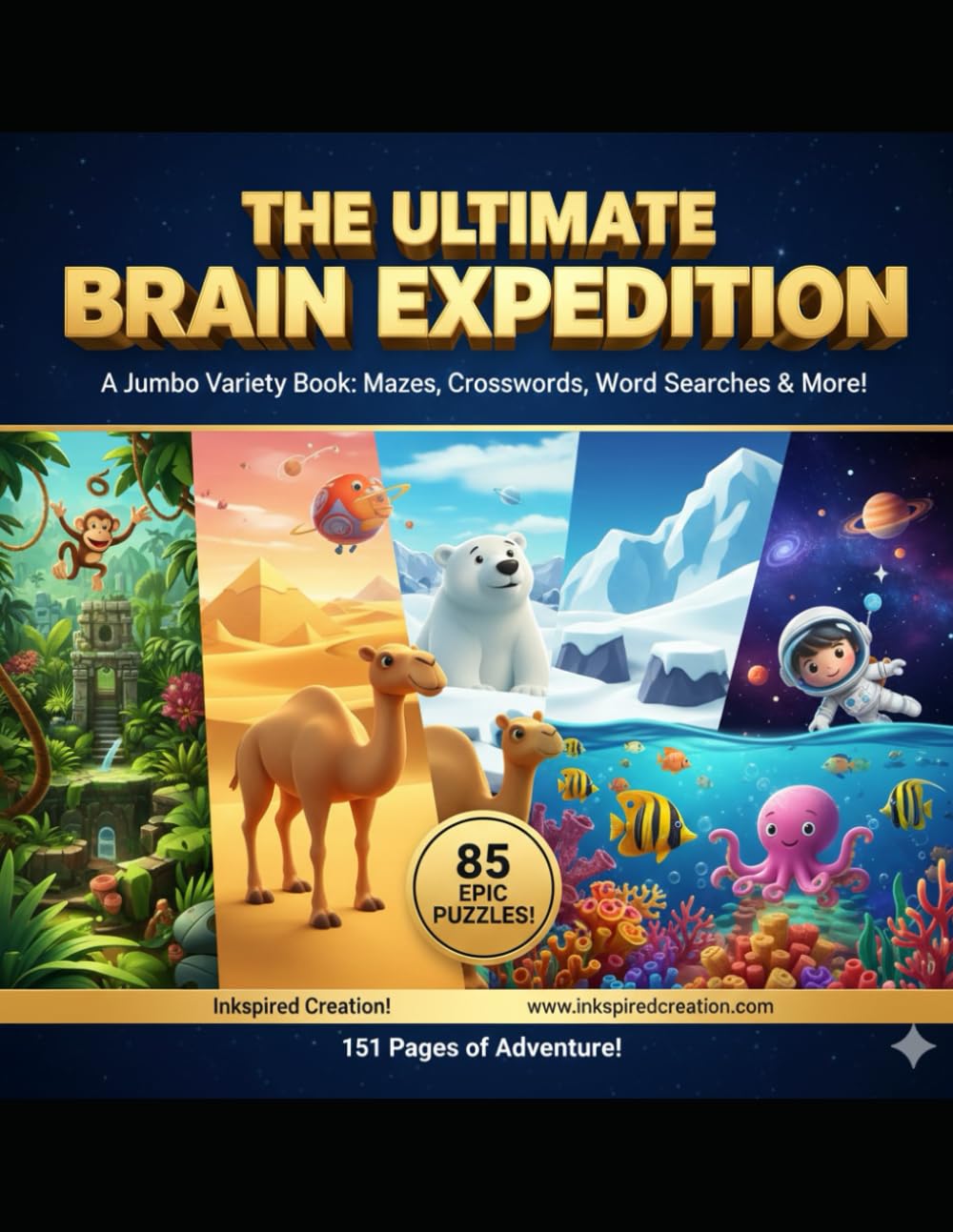 The Ultimate Brain Expedition: 85 Mixed Puzzles for Clever Kids: A Variety Activity Book with Mazes, Word Searches, Crosswords, Spot the Difference, ... Desert, Under the Sea, and Space Adventures!