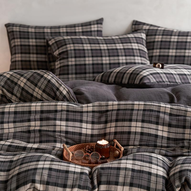 Image of VM VOUGEMARKET Grey Gingham Duvet Cover King Size,Soft Double Layer Cotton Bedding Set with Jacquard Plaid Check Pattern,Breathable Reversible Duvet Cover with Zipper Closure
