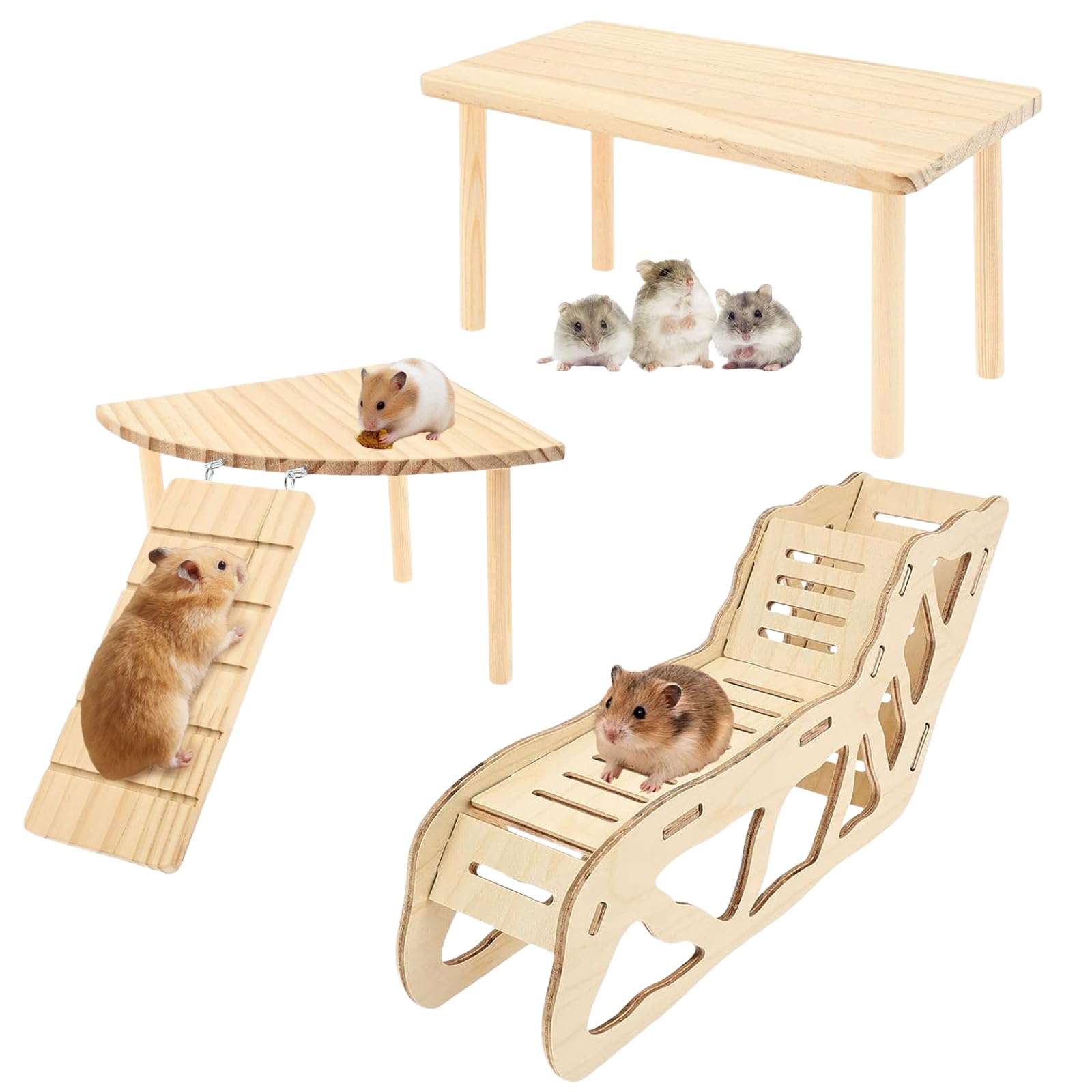 3 PCS Wooden Hamster Platform, Hamster Cage Accessories Pine Wood Secret Peep Shed Tunnel Small Animal Stand with Ladder for Gerbils and Other Small Pets