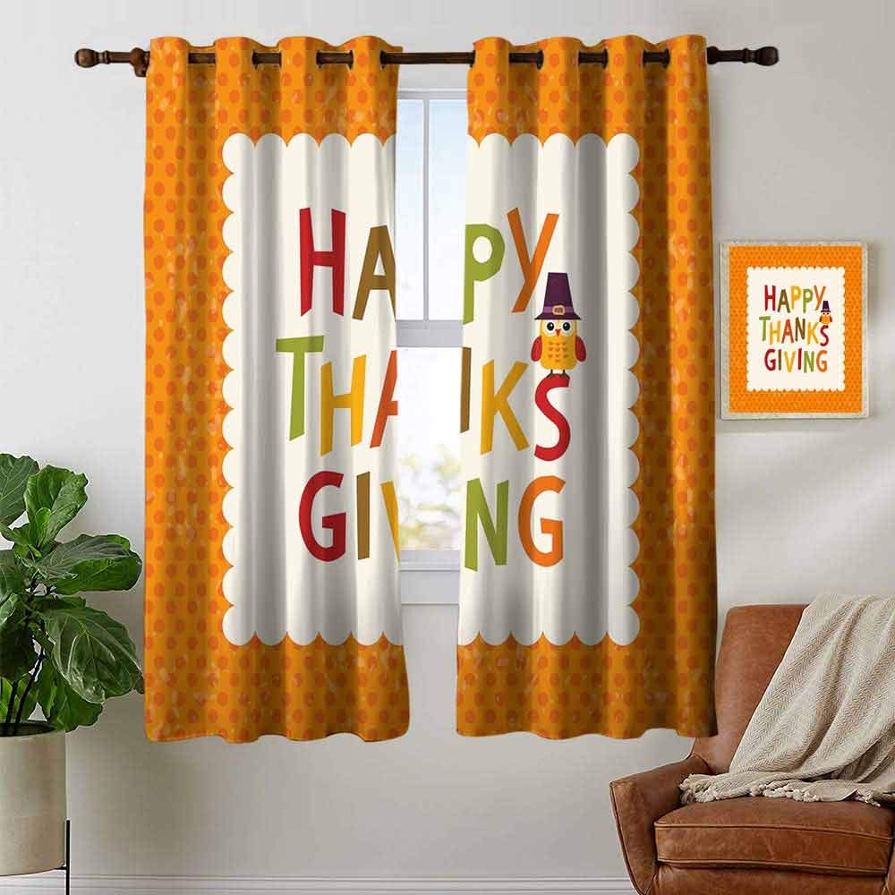 petpany bedroom curtains Kids Thanksgiving,Little Owl with Pilgrims Hat Celebratory Phrase and Polka Dots,Orange Multicolor,Thermal Insulated Room Darkening Window Shade 42"x45"