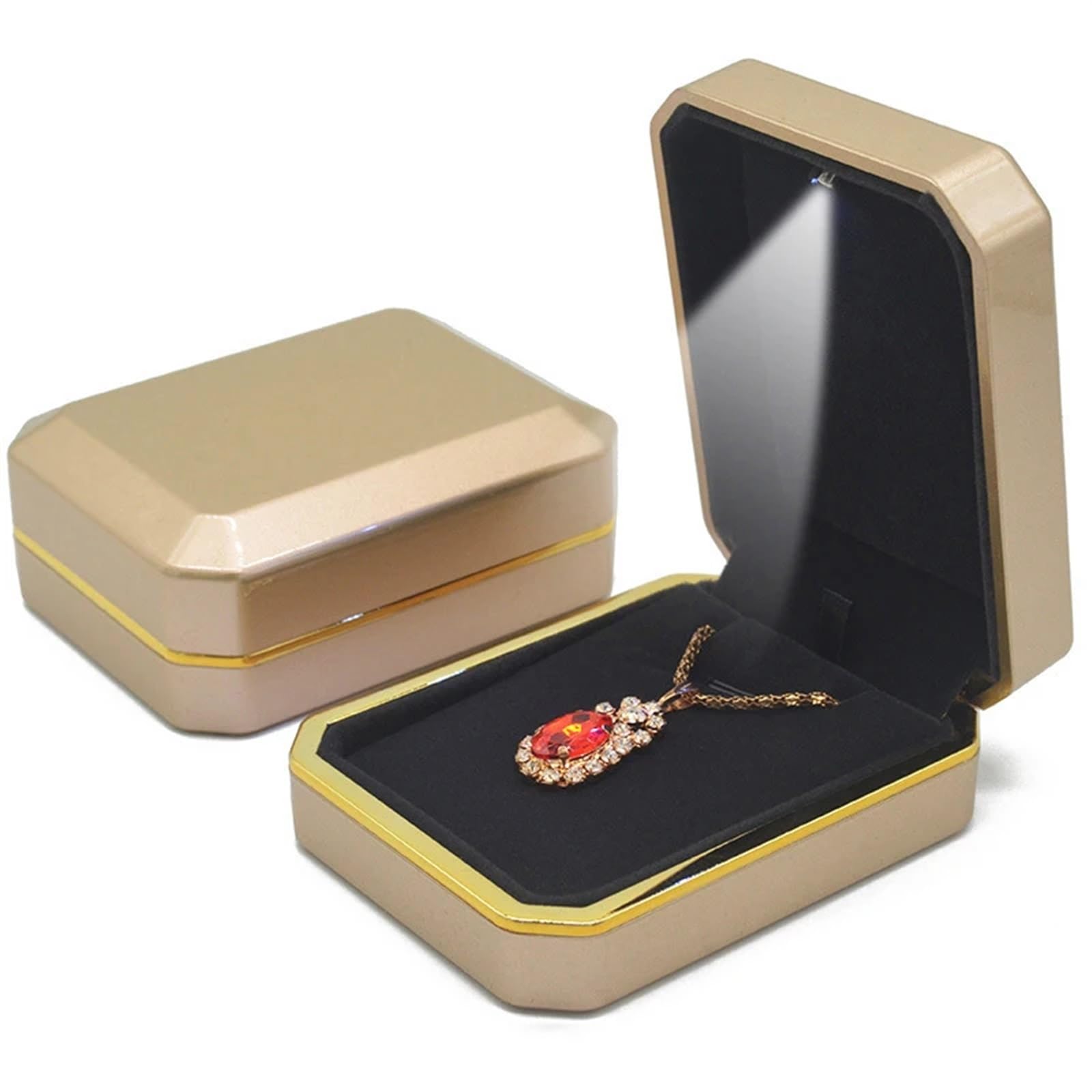 JFNKLFG 1 Pcs Jewelry Ring Box Luxury Velvet Rubber Necklace Pendant Gifts Display With Light For Proposal Engagement Wedding Case for Proposal, Wedding(Gold-90X70X35mm)