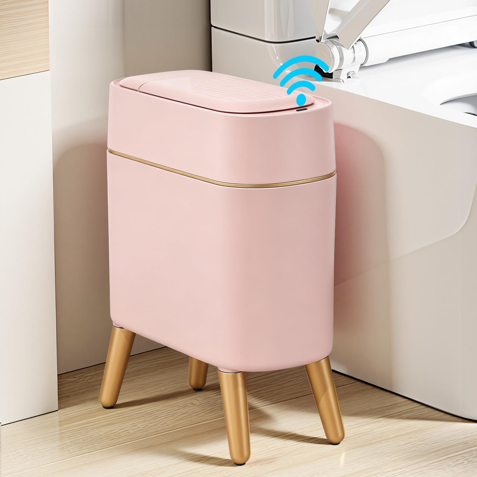 accep Touchless Bathroom Trash Can Lid and Legs, Pink 2.6Gallon Garbage Bin