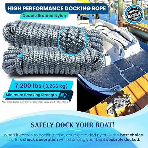 Image of Premium Nylon Boat Dock Lines & Ropes for Docking 1 /2'' x 20' | Double Braided Marine Rope & Mooring Line| Boat Ropes for Docking with Loop | UV & Saltwater Resistant Dock Ropes for Boats & Pontoons