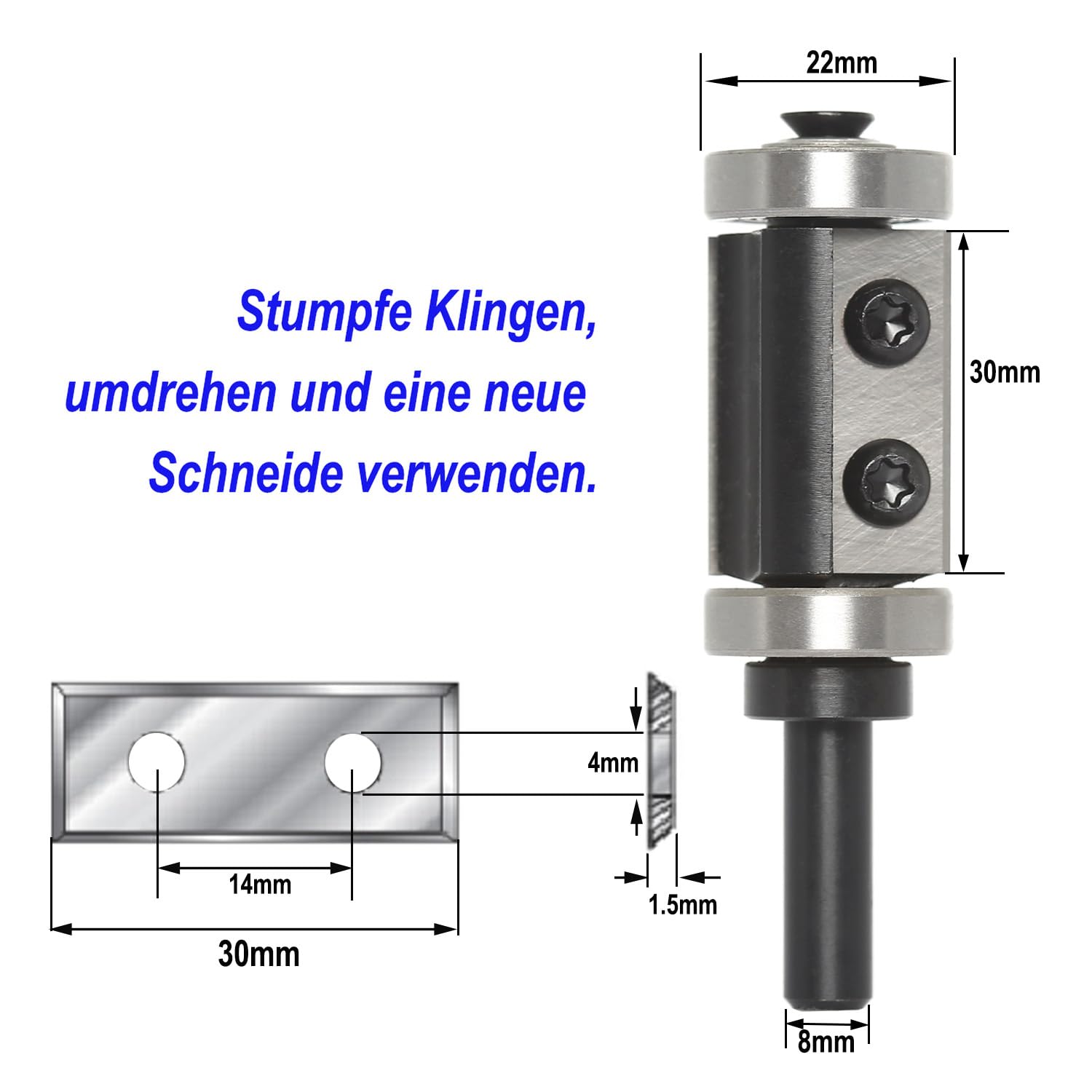 Wendeplatten Bündigfräser,8mm Schaft Bündiger Fräser Schnittlänge 30mm,mit Austauschbare Hartmetall(HW),mit Kugellager am Schaft&Oben,for Holzbearbeitung Bündig Trimmen.（S=8,Ф=22,I=30)