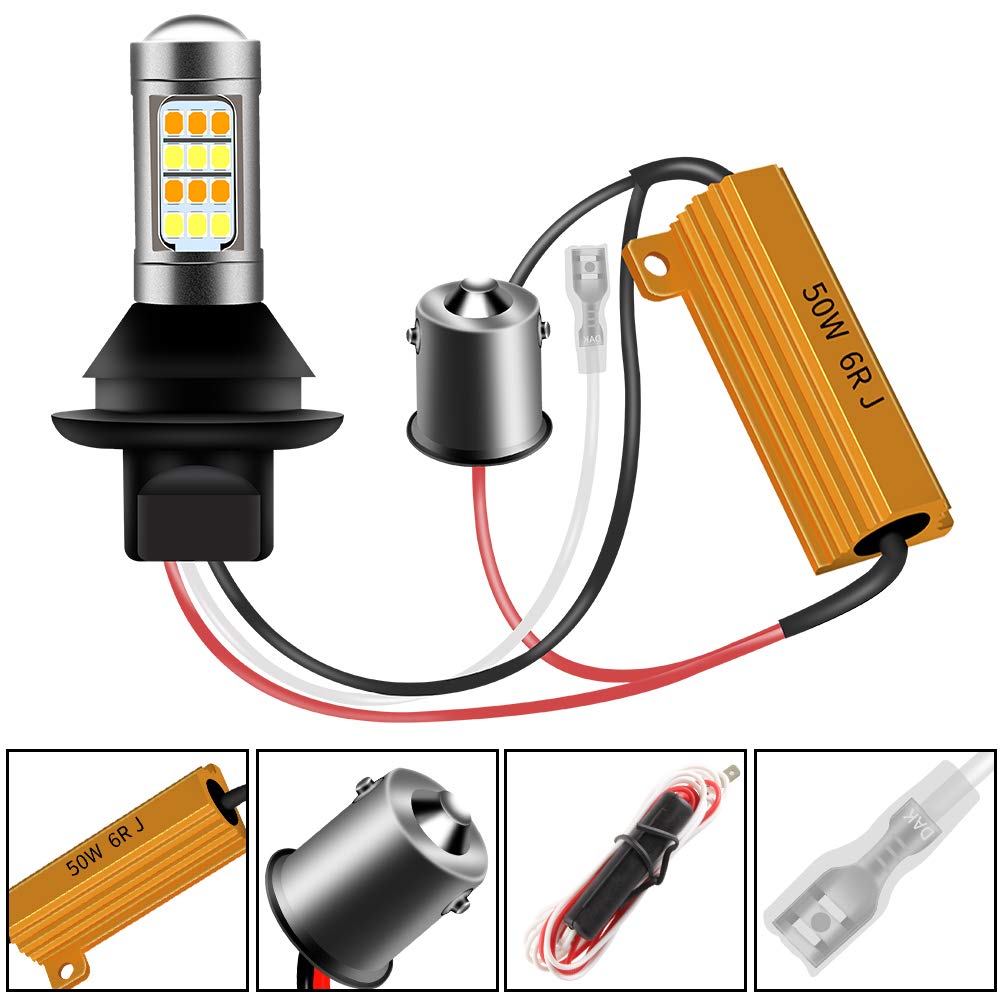 2 szt. żarówki LED 1156 BA15S P21W białe/bursztynowe dwukolorowe przełączane LED światła kierunkowskazów DRL Canbus bez błędów 2835 42 SMD 12V LED z rezystorami obciążenia 50W 6 omów zestaw przewodów