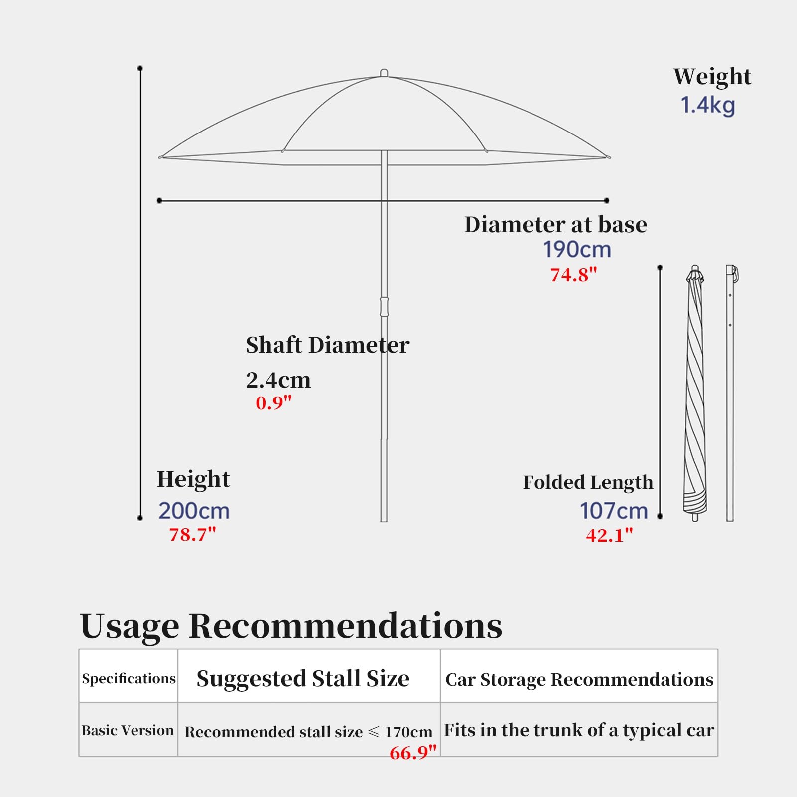 Okrągły parasol ogrodowy, blokada UV, parasol plażowy z bocznym kloszem, składany, na patio, kemping, grill, balkon, 190 cm (brązowy)