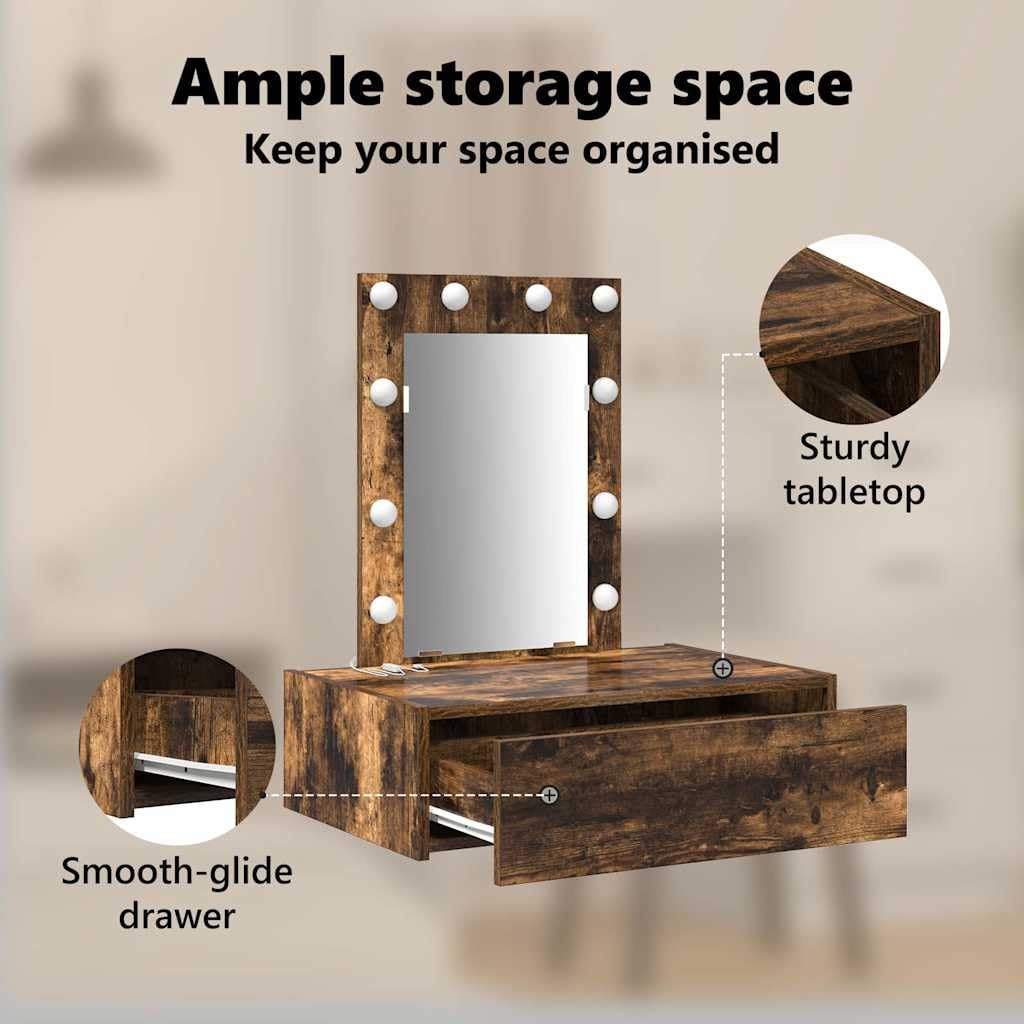 vidaXL Schminktisch Braun 60 x 40 x 70 cm Holzwerkstoff | Super für kleine Räume, Die eingebauten Lichter machen die Pflege einfacher, Mit einer großen Schublade für dein Make-up