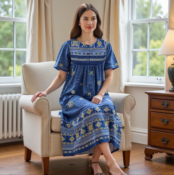 Loungees Border Print Cotton Lounge DressHouse DressCaftan | 3 Button Bib Yoke Short Sleeve product thumbnail 6