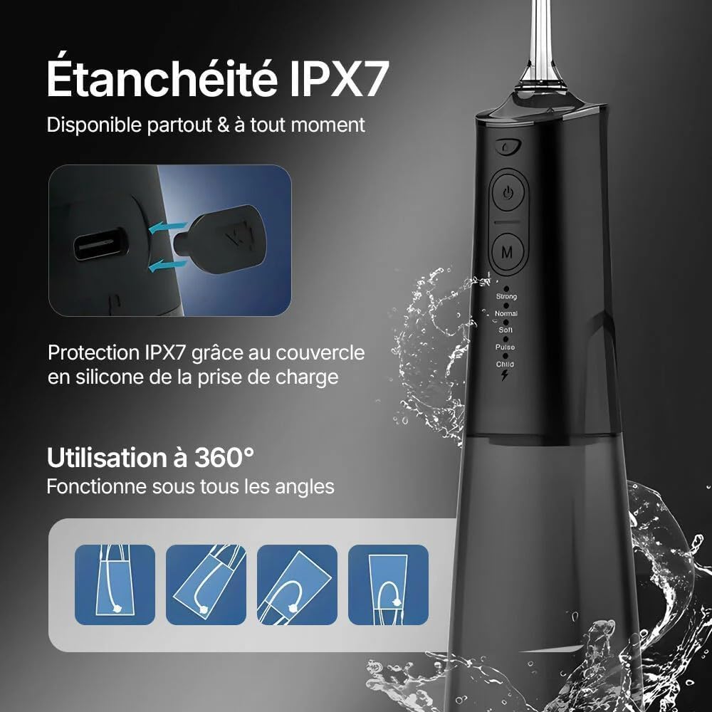 Oryzom Hydropulseur, Water Flosser for 5 modes & 4 embouts/Réservoir de 300 ml/Étanchéité IPX7 / Jet dentaire pour gencives (Blanc)
