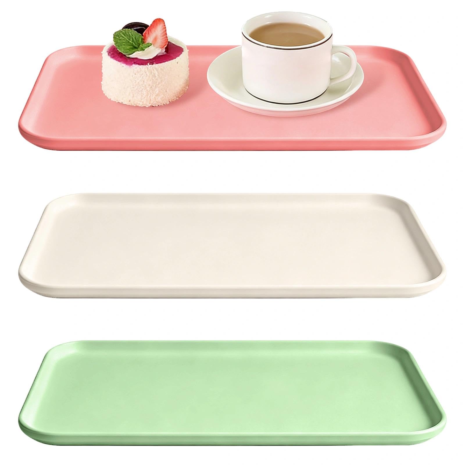 3-Piece Plastic Serving Tray Set, 30.5×22×1.5cm Stackable Trays in Beige, Pink & Green, Multi-Use Food Tray for Breakfast, Snacks, Tea & Coffee