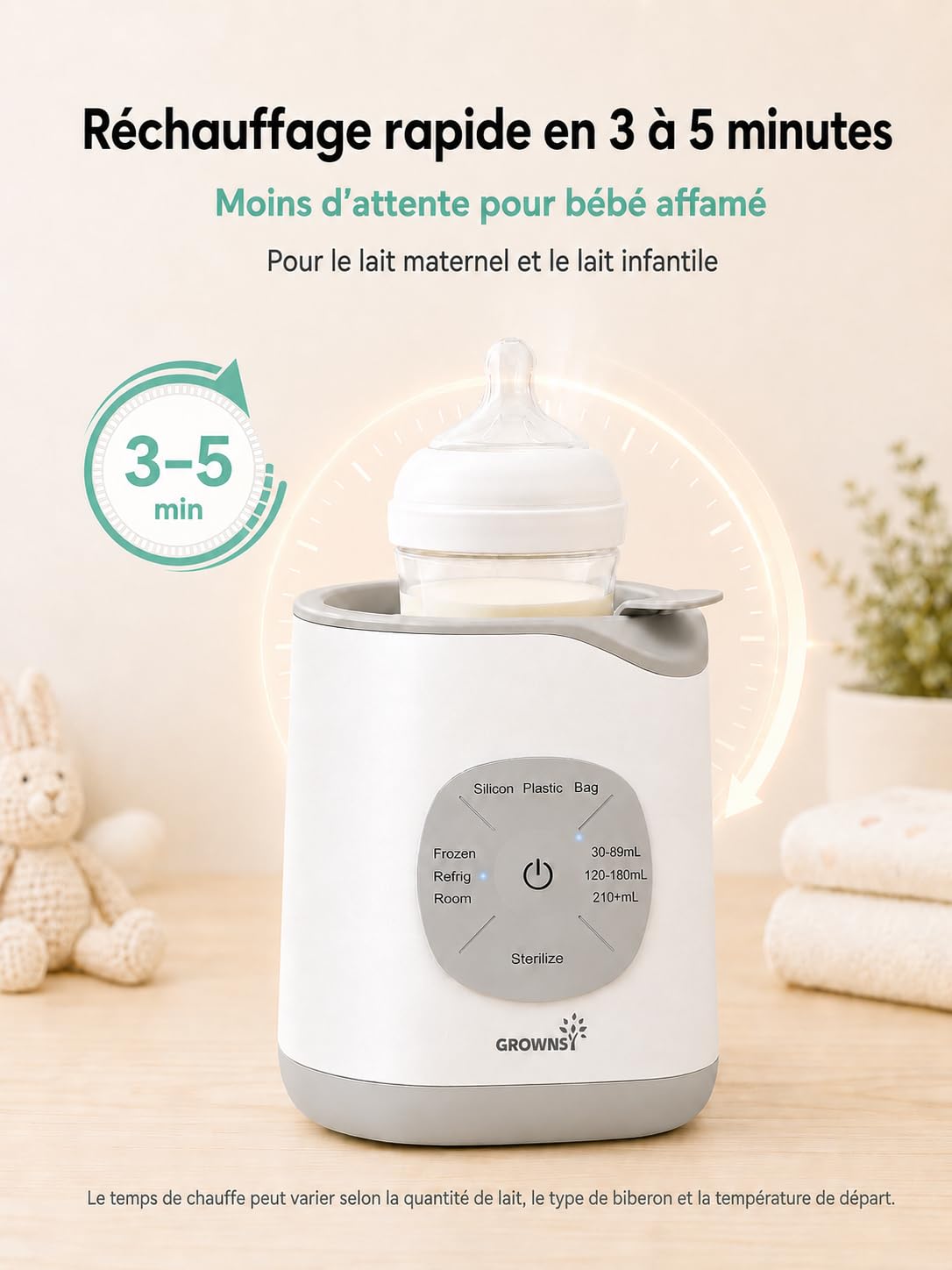 Chauffe Biberon, Grownsy Chauffe Biberon Bébé Électrique Rapide 9 en 1 pour Lait Maternel ou Formule Technologie de Bain-marie, Arrêt Automatique Sans BPA Stérilisateur