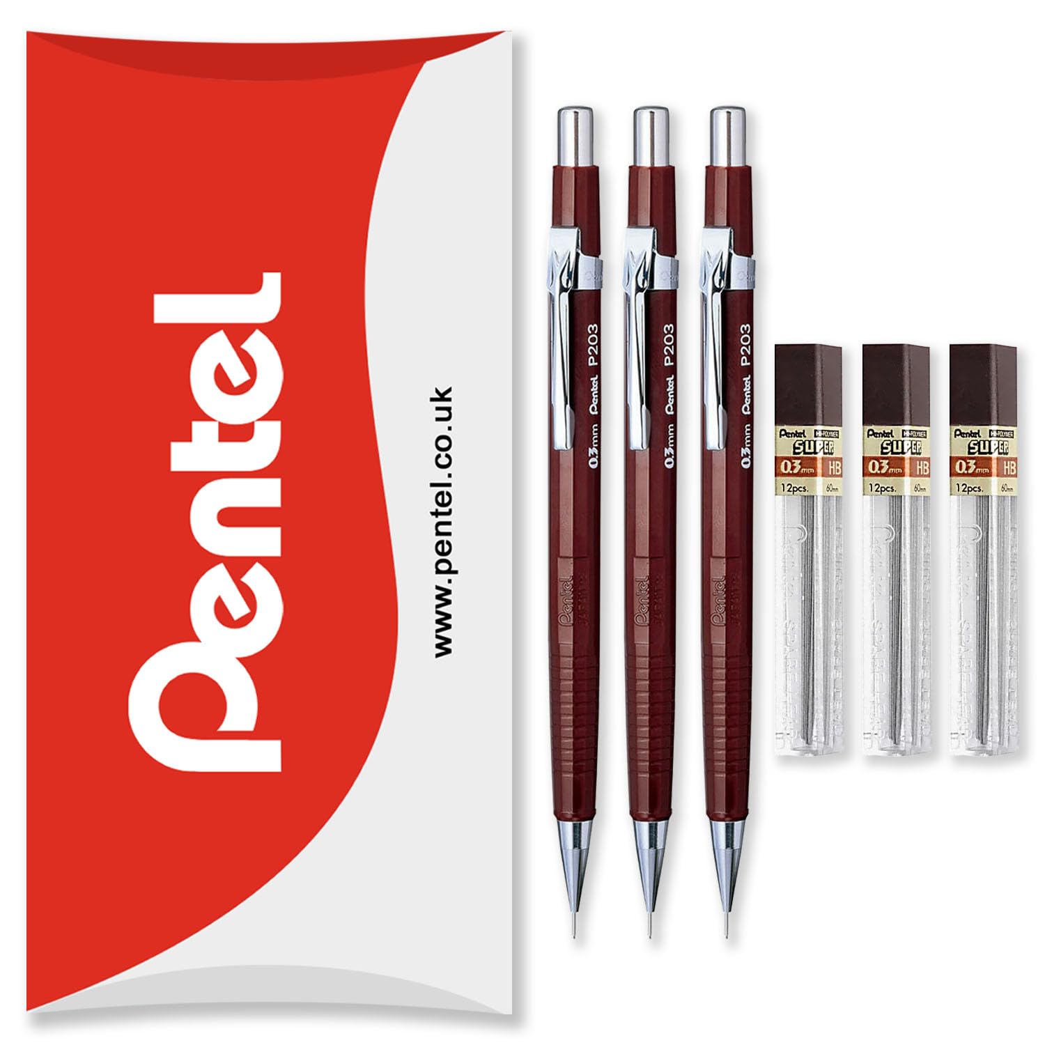 Pentel P200 Series Automatic Mechanical Pencils, HB Lead, 3 x Pencils + 3 Tubes of Refill Leads