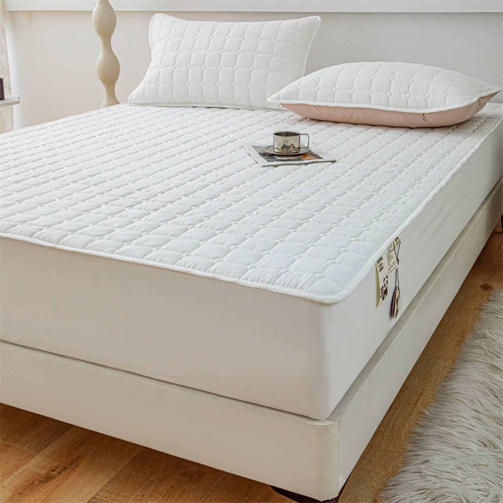 Boxspringbett Spannbettlaken 120x200 cm, Spannbetttücher Baumwolle Einfarbig mit Gitter Struktur Spannbettlaken Einzelbett und 2 Kissenbezug Weiches und Atmungsaktives, Weiß