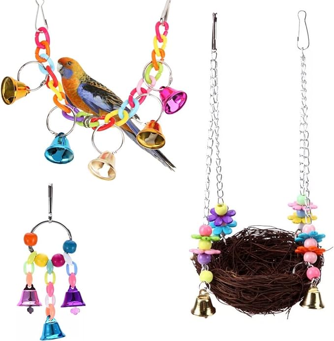Bird Swing Toys with Bird's Nest Swing Hanging Bell Toy