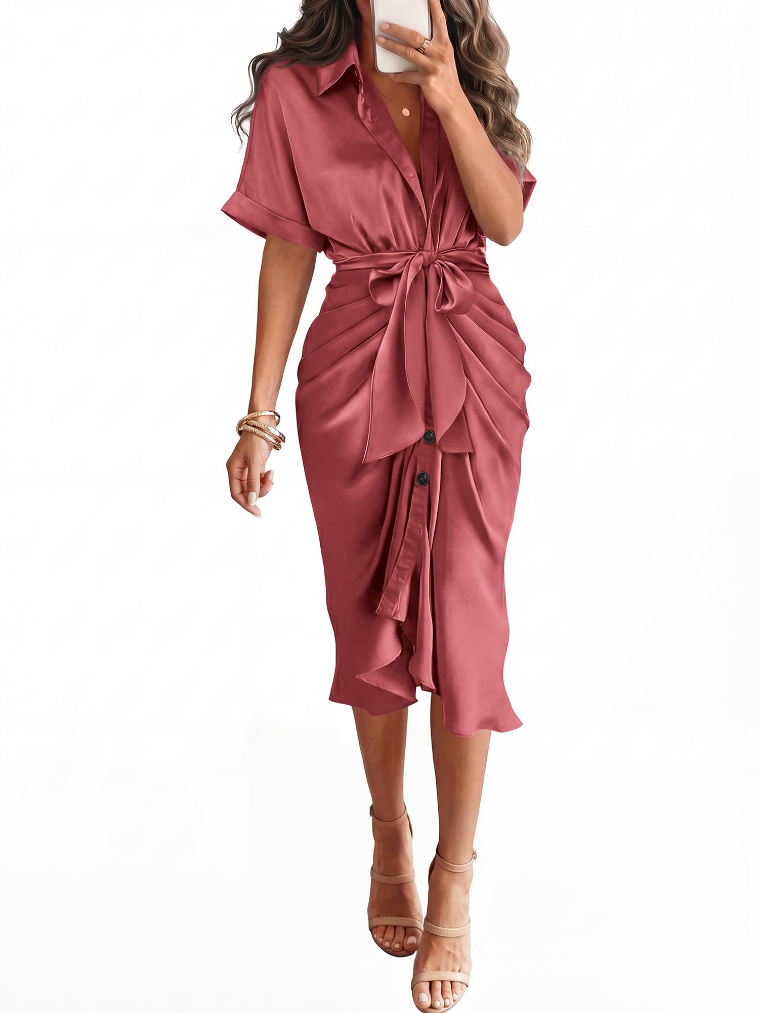 Photo 1 of BTFBM Dresses for Women Summer Button Short Sleeve Silk Satin Ruched Spring Maxi Dress 2026 Cocktail Party Wedding(Dusty Pink, X-Large)
